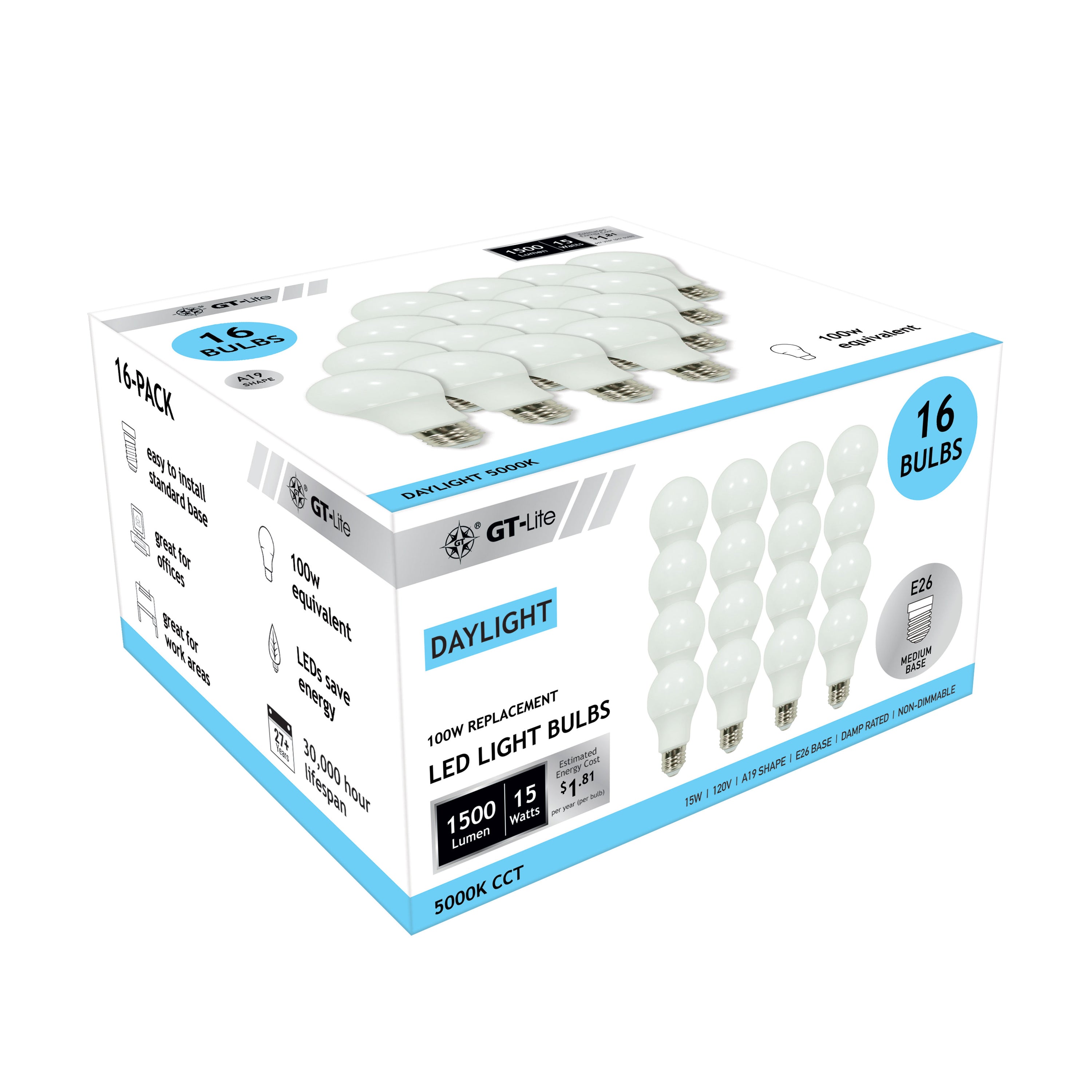 1500 Lumen LED A19 Bulb, 15-Watt, 100-Watt Equivalent E26, 16-Pack