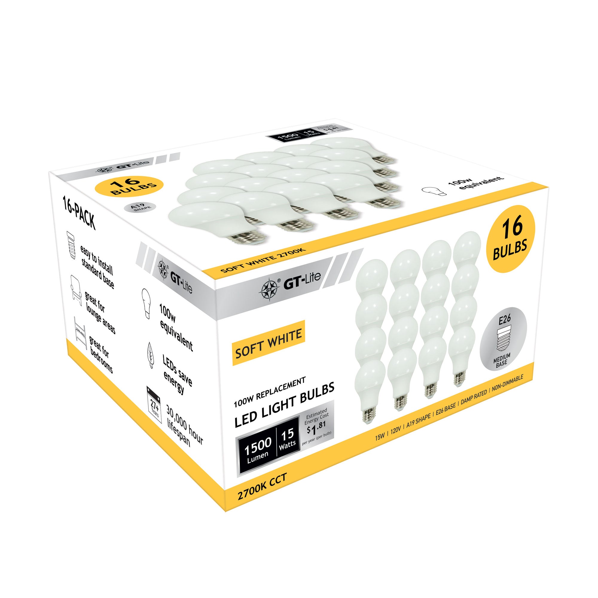 1500 Lumen LED A19 Bulb, 15-Watt, 100-Watt Equivalent E26, 16-Pack