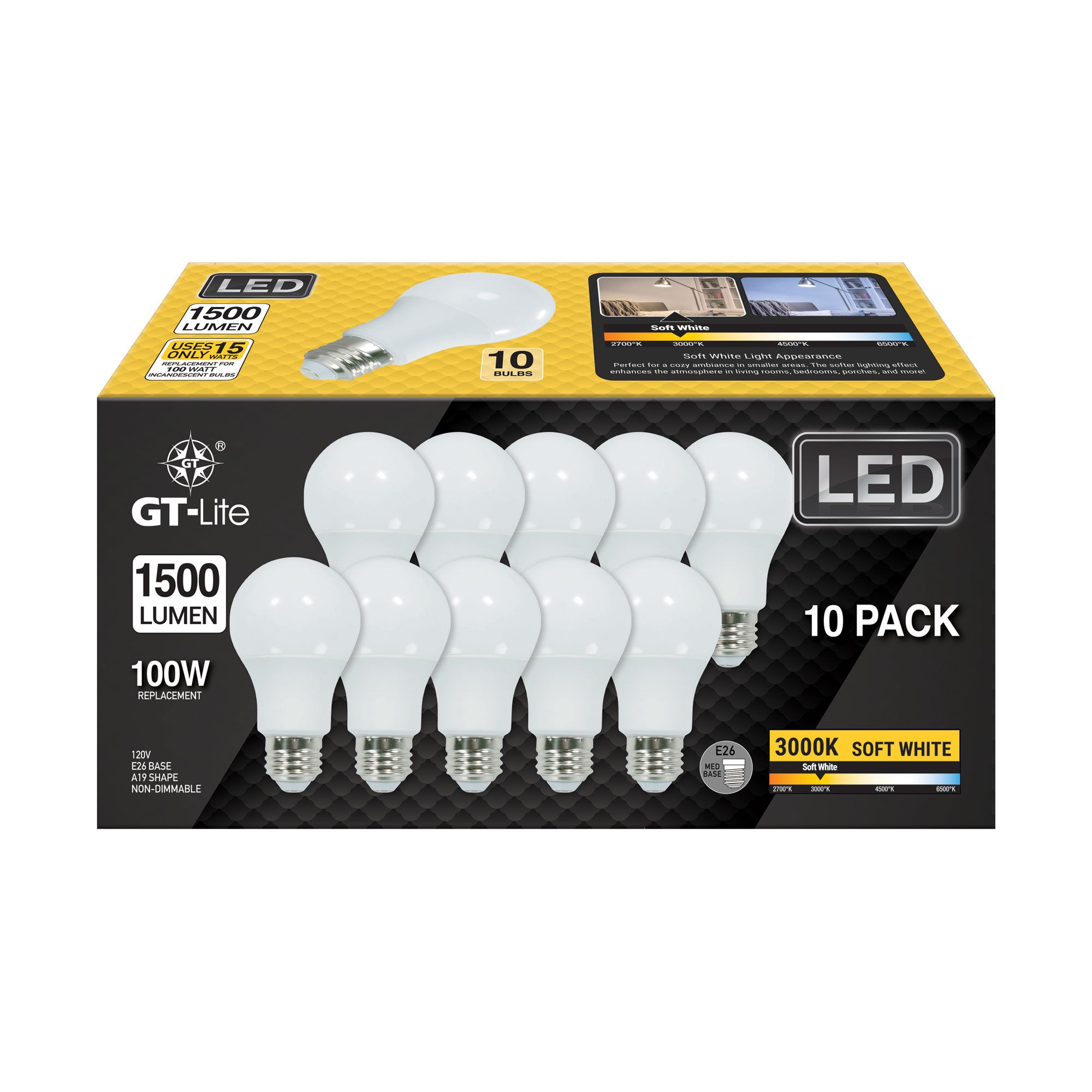 1500 Lumen LED A19 Bulb, 15-Watt, 100-Watt Equivalent E26, 10-Pack