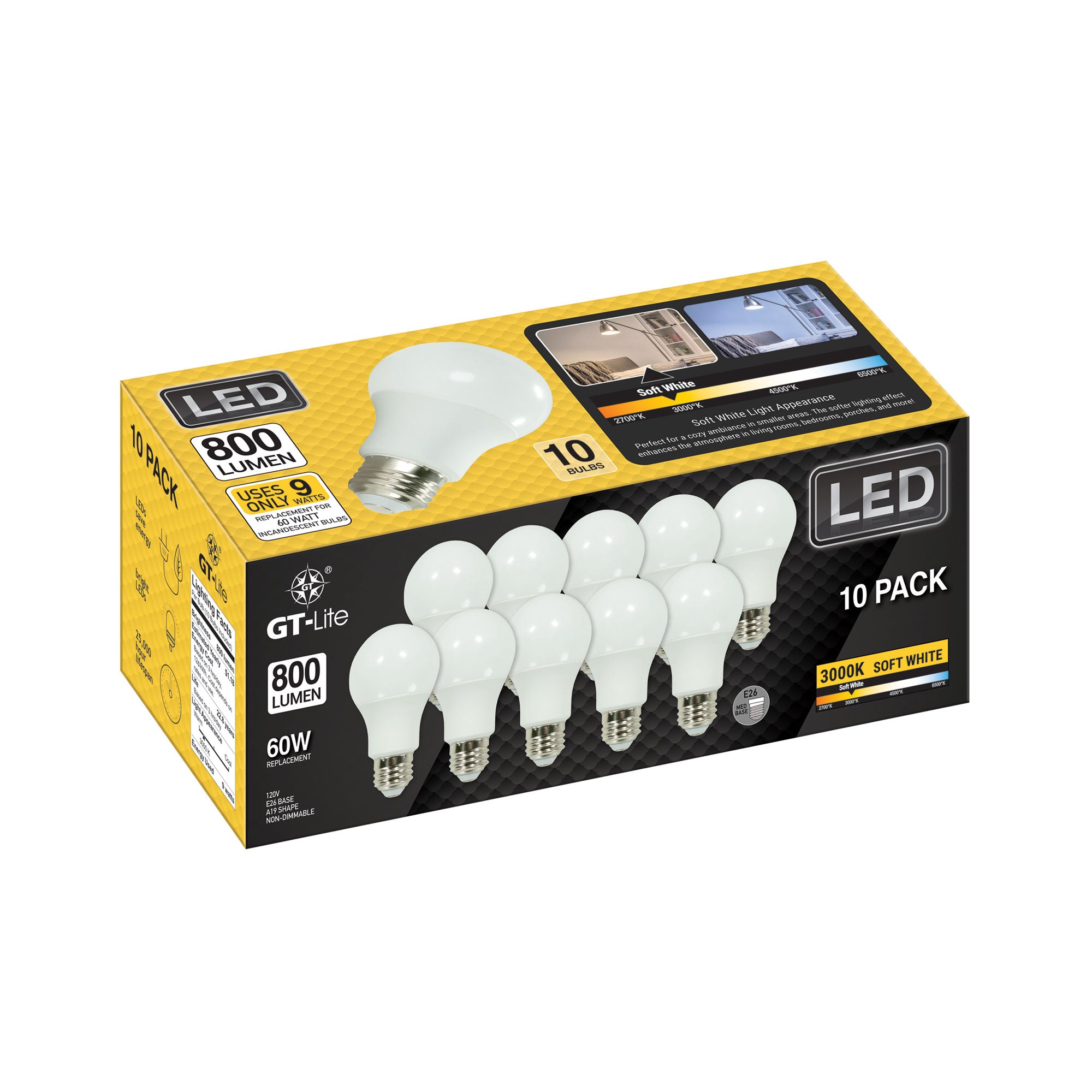800 Lumen LED A19 Bulb, 9-Watt, 60-Watt Equivalent E26, 10-Pack
