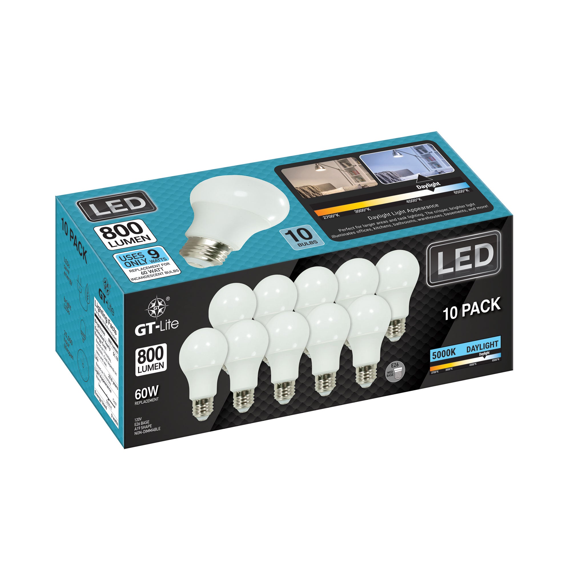 800 Lumen LED A19 Bulb, 9-Watt, 60-Watt Equivalent E26, 10-Pack