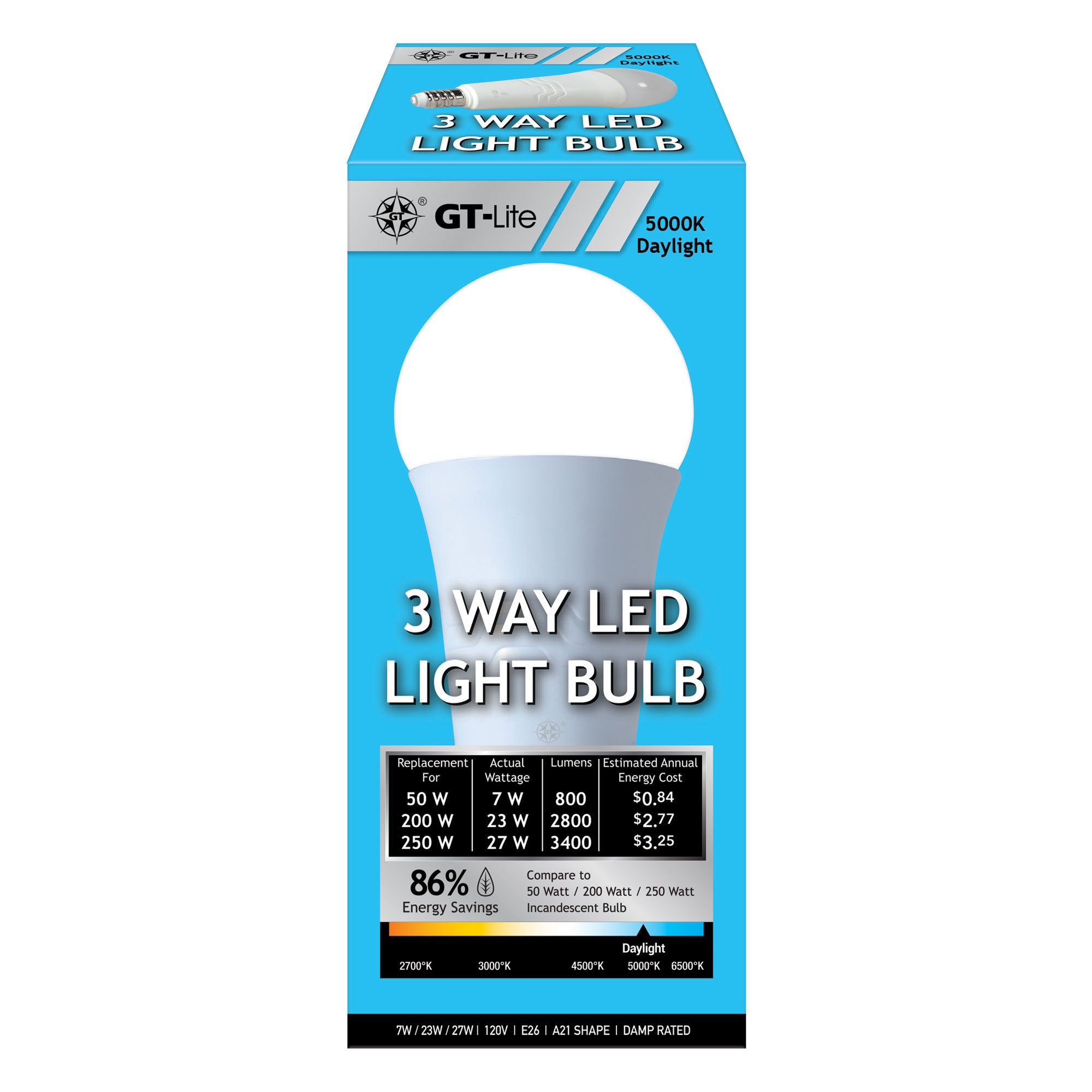 3400 Lumen LED A21 3-Way Bulb, 50/200/250-Watt Equivalent E26