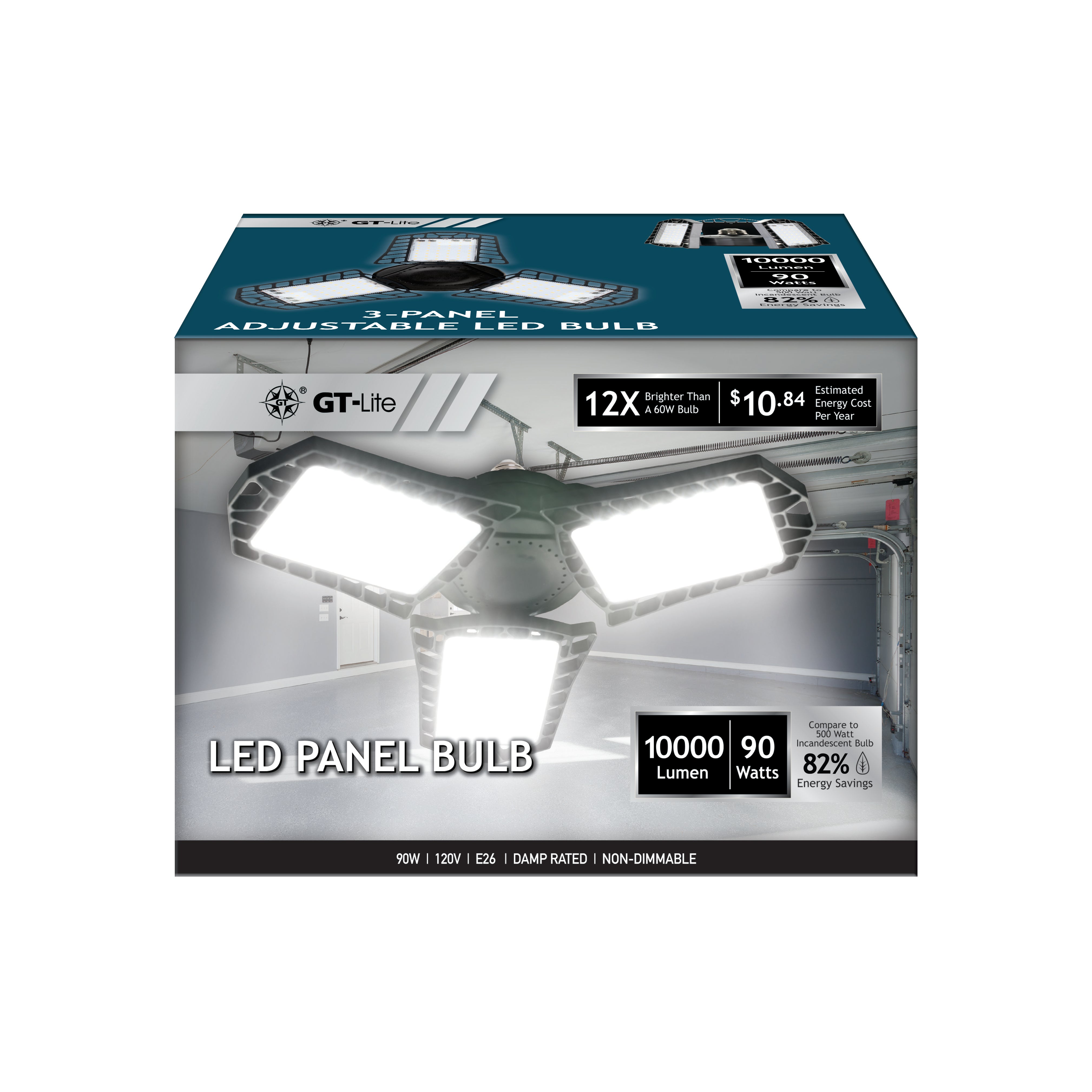 90-Watt 10,000 Lumen LED Garage Light. Adjustable 3-Panel Bulb, 500-Watt Equivalent, 5000K Daylight, E26