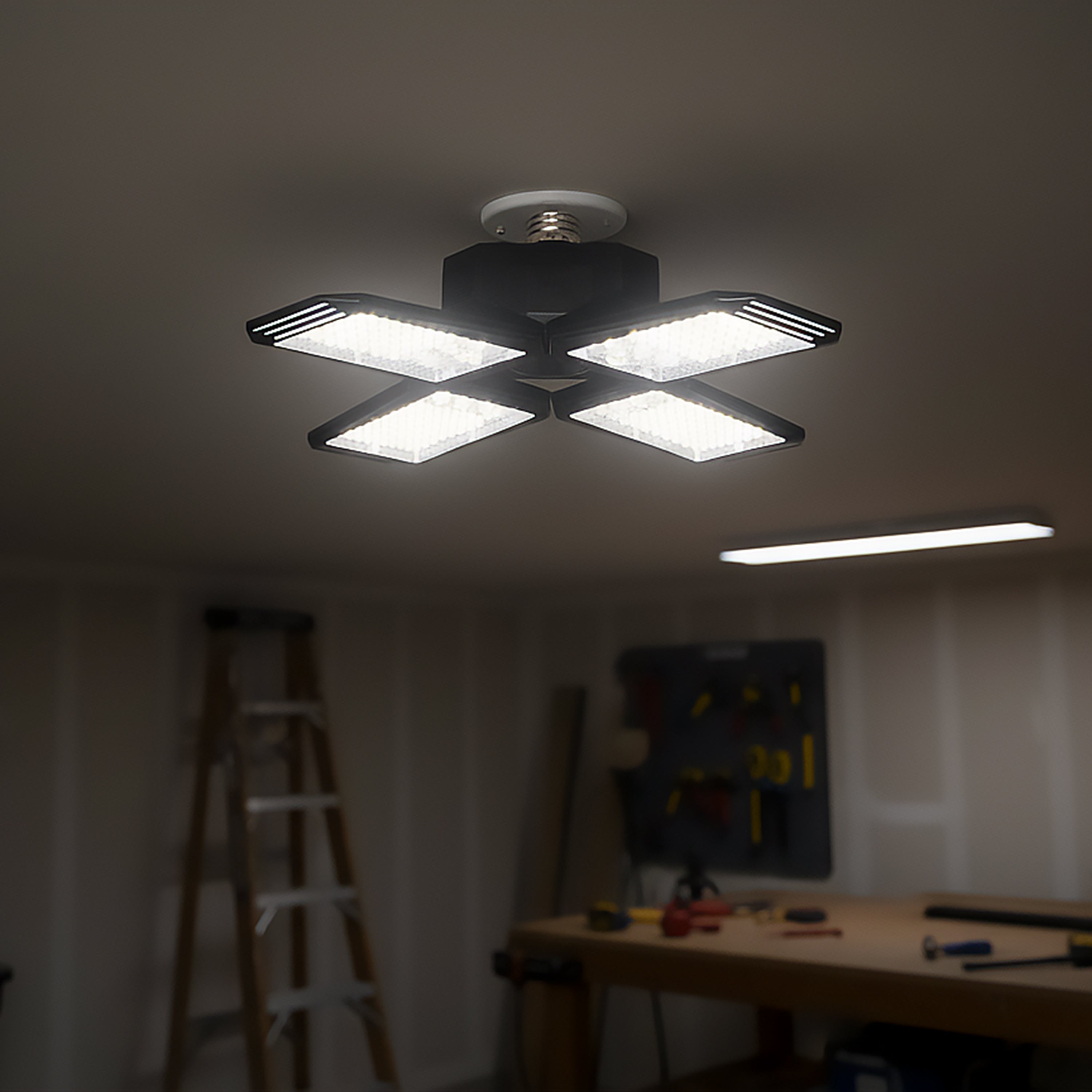 LED Motion Sensing Garage Light 140-Watt 15,000 Lumen, Adjustable 4-Panel LED Light, 5000K Daylight, E26