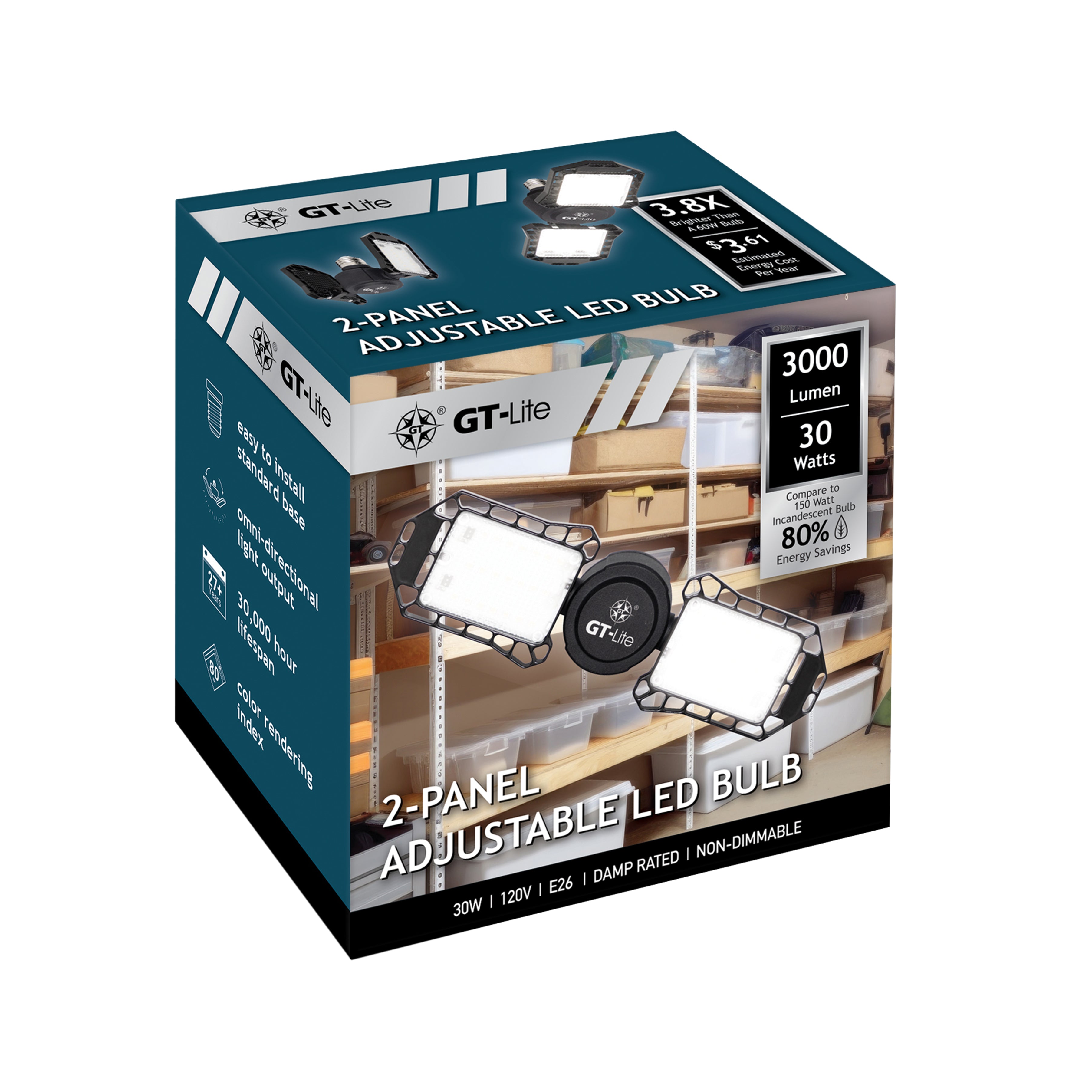 30-Watt 3000 Lumen LED Garage Light, Adjustable 2-Panel Bulb, 150-Watt Equivalent, 5000K Daylight, E26