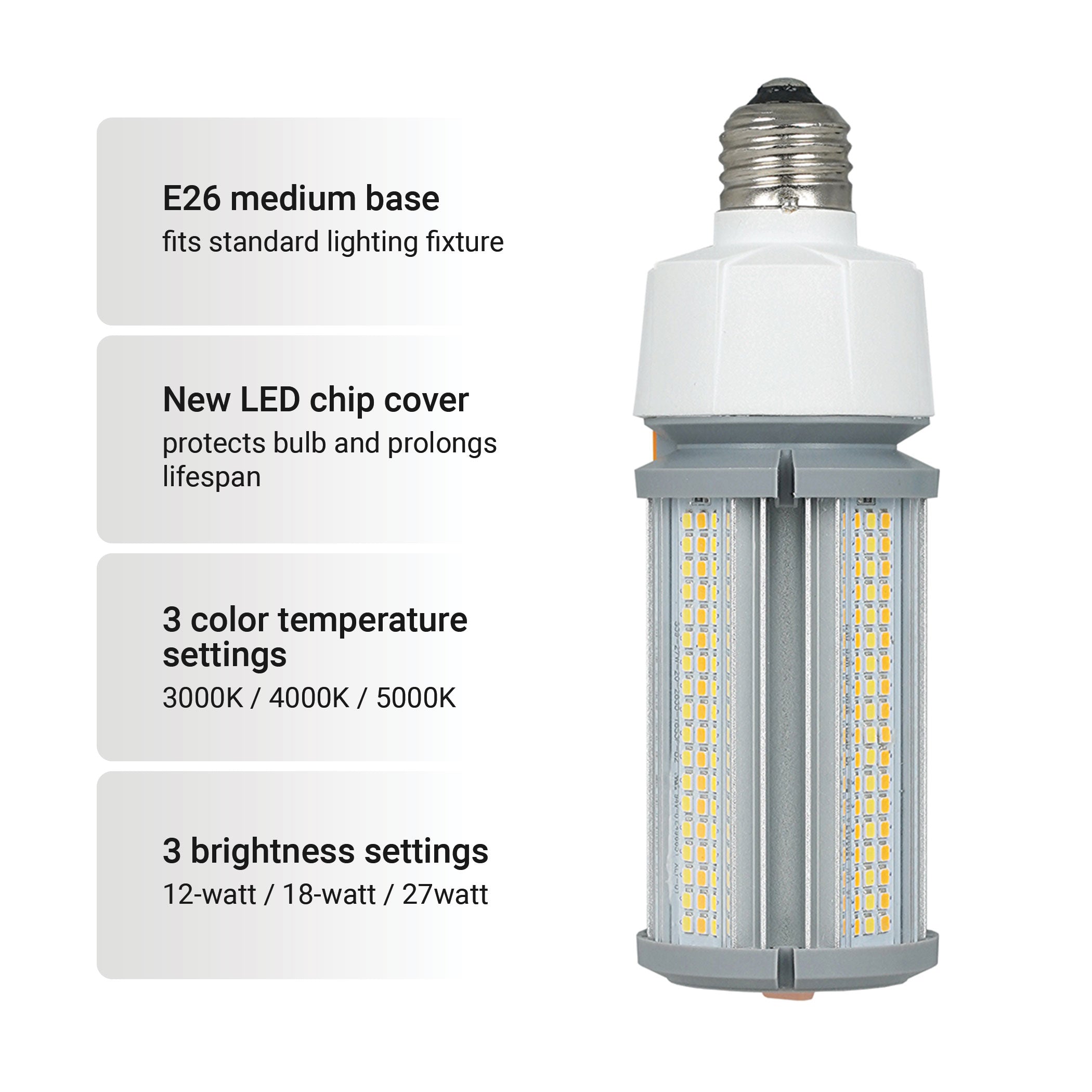 3 Wattage, 3 Colors, Selectable Output LED Corn Cob Bulb, 3900 Lumen, Outdoor & Indoor Damp Rated LED Cob Bulb, 300-Watt Equivalent, E26