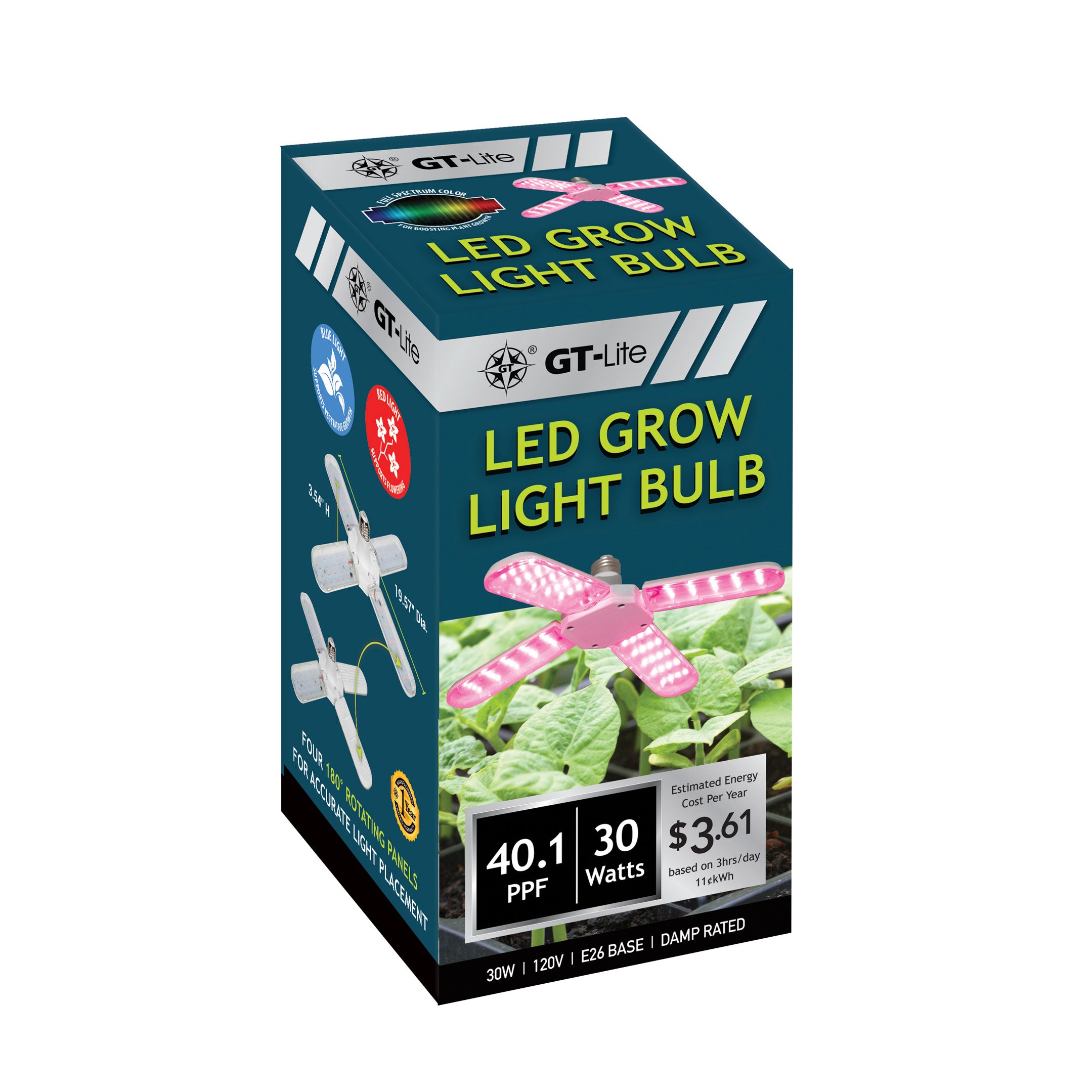 40.1 PPF 27-Watt Adjustable 4-Panel LED Grow Light Bulb, E26