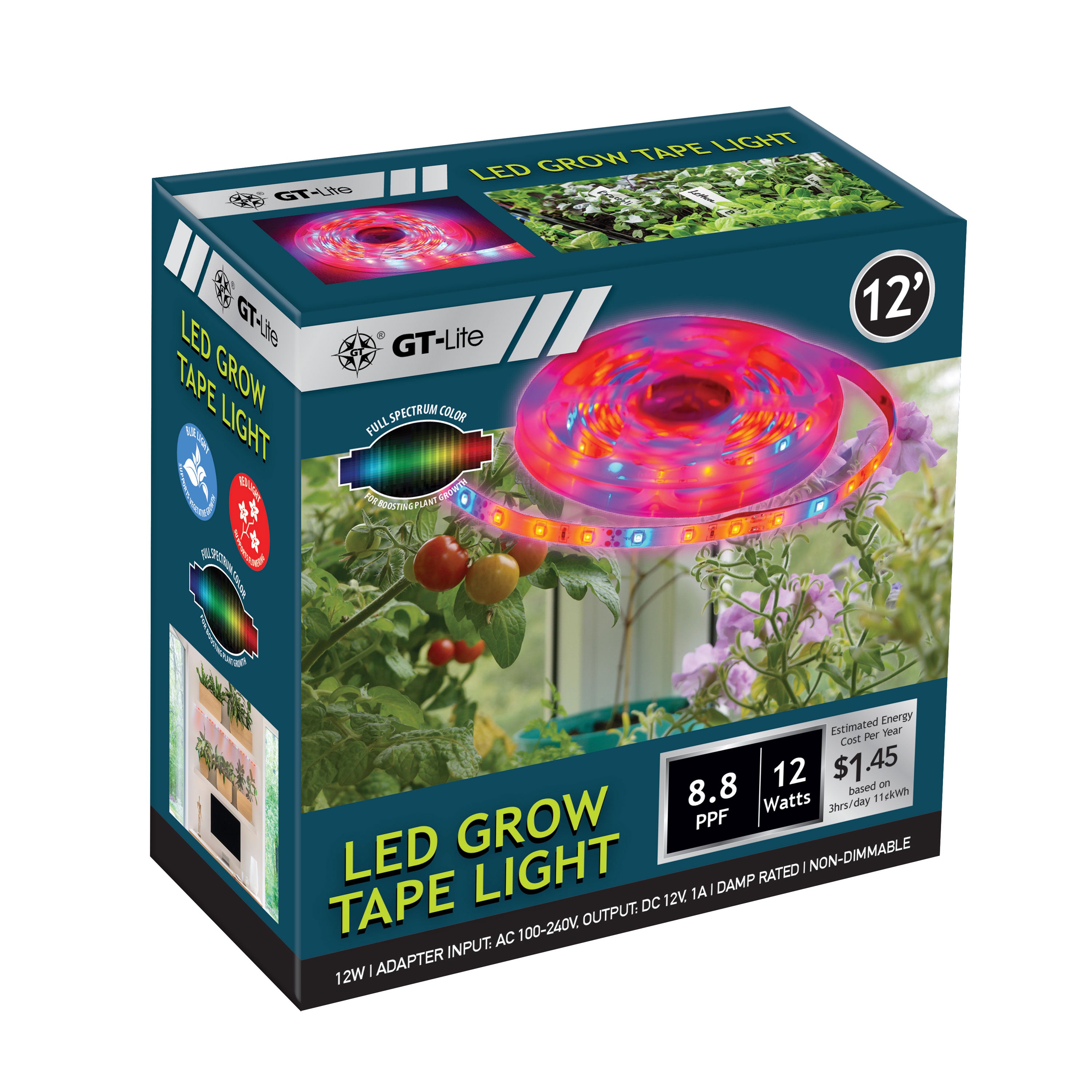 12 ft. LED Grow Tape Light, 8.8PPF, 340Lumen, 12W