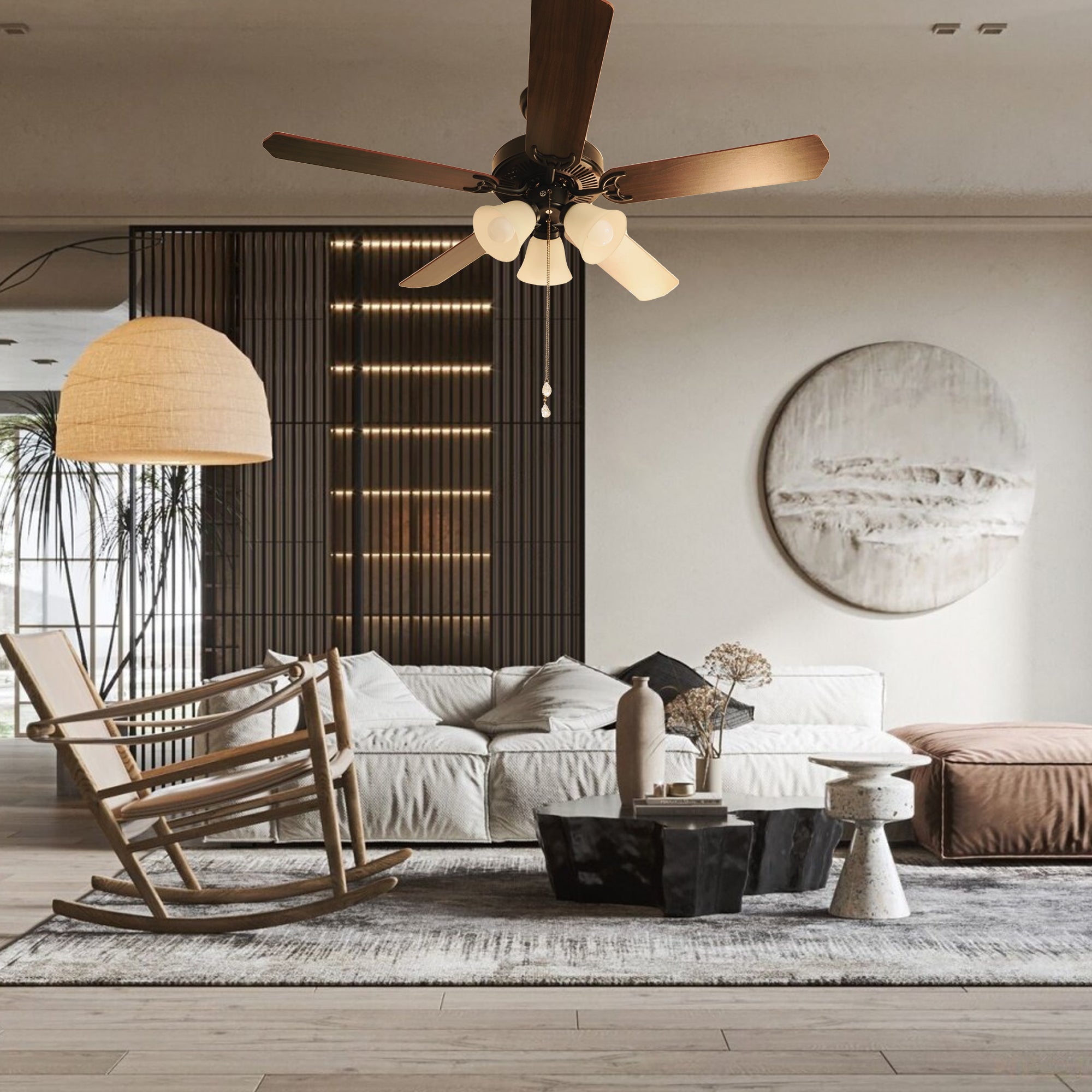 GT-Lite 52" indoor ceiling fan with 5 wooden domestic blades, 3 frosted glass light kit