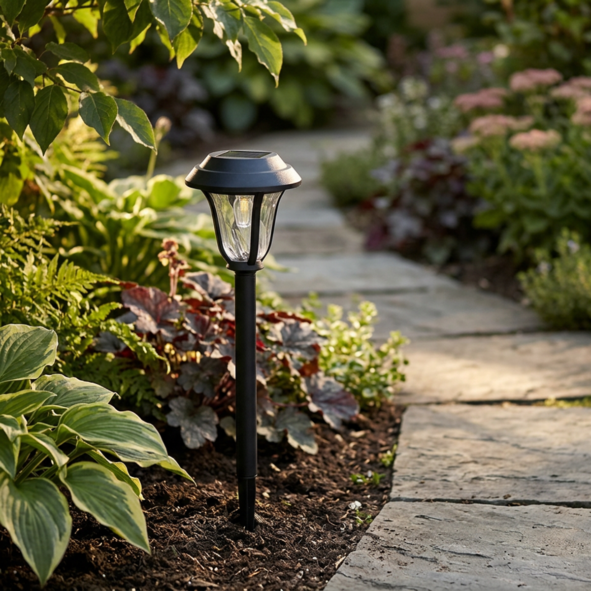 Solar-Powered LED Beveled Path Light, Garden Stake Landscape Lamp, 4-Pack