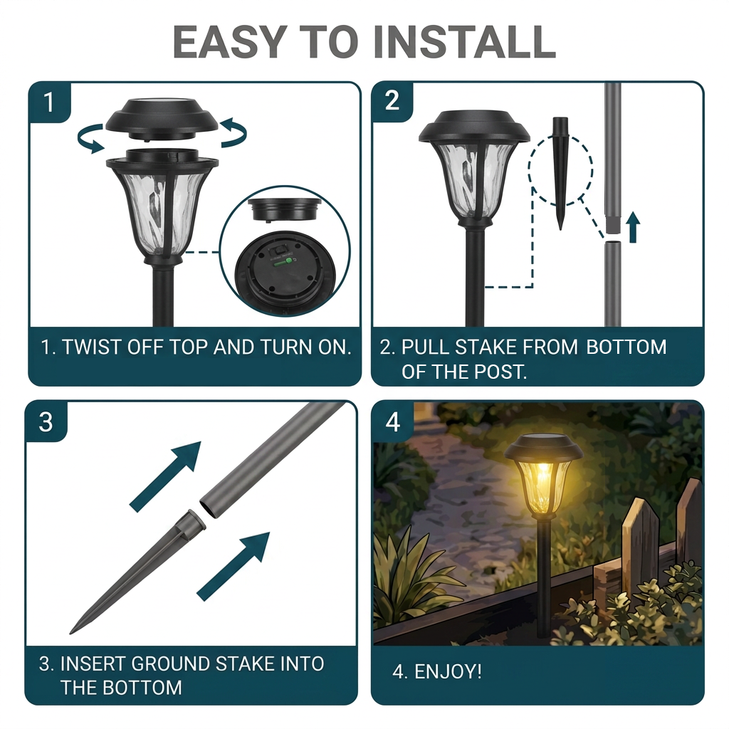 Solar-Powered LED Beveled Path Light, Garden Stake Landscape Lamp, 4-Pack