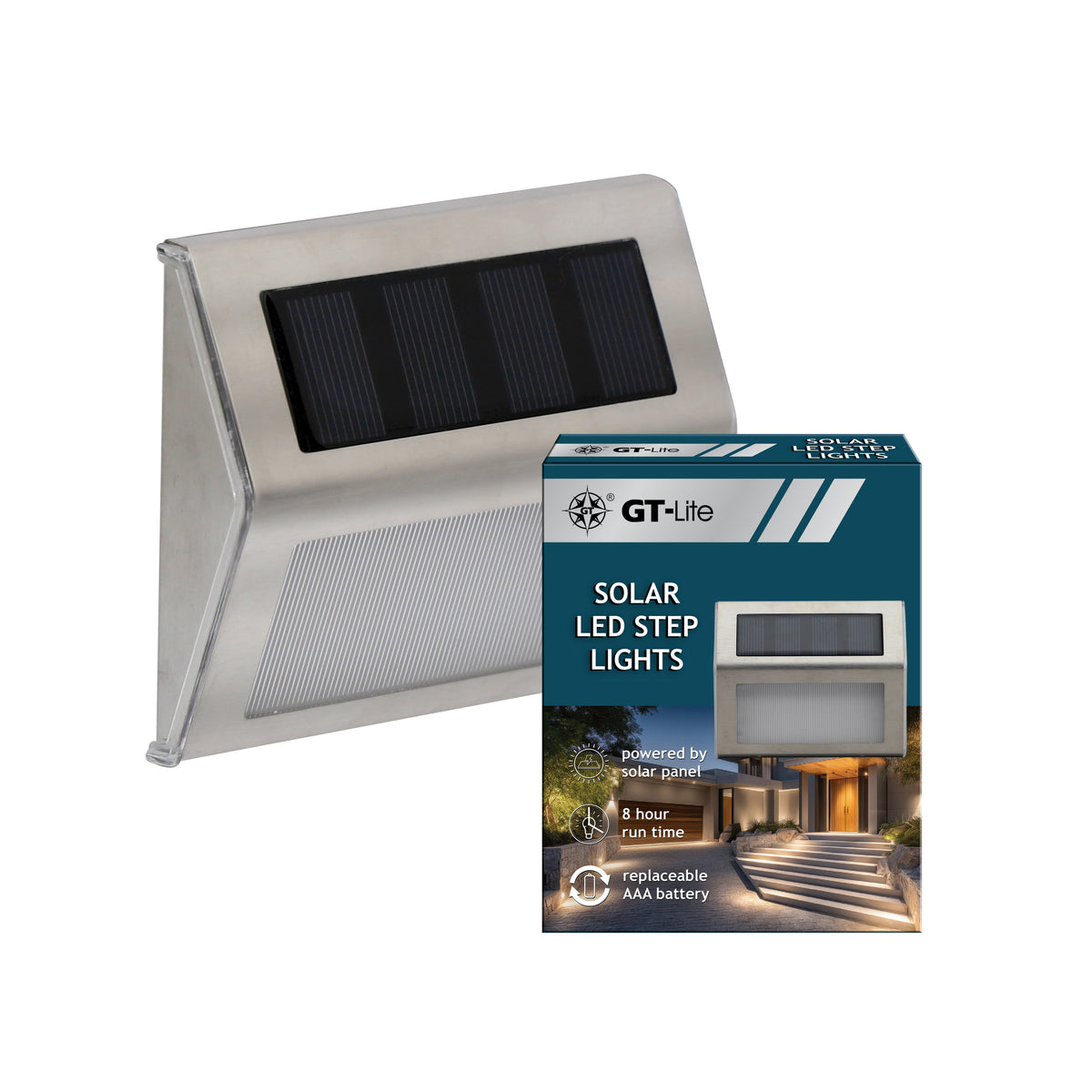 Solar-Powered LED Wedge Step Light Silver, 8-Pack
