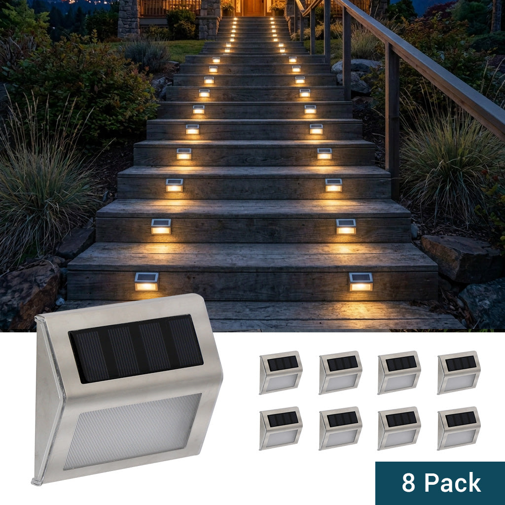 Solar-Powered LED Wedge Step Light Silver, 8-Pack