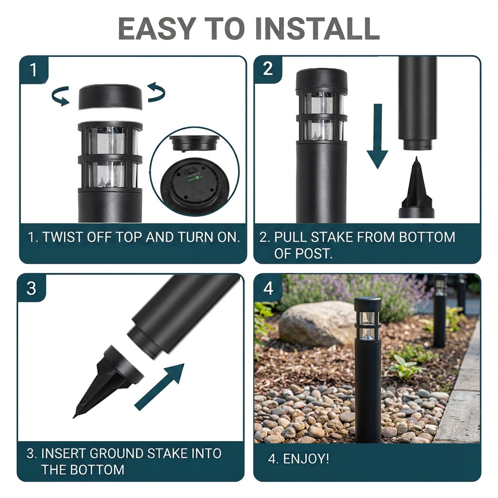 Solar-Powered LED Path Light, Bollard Style, 4-Pack