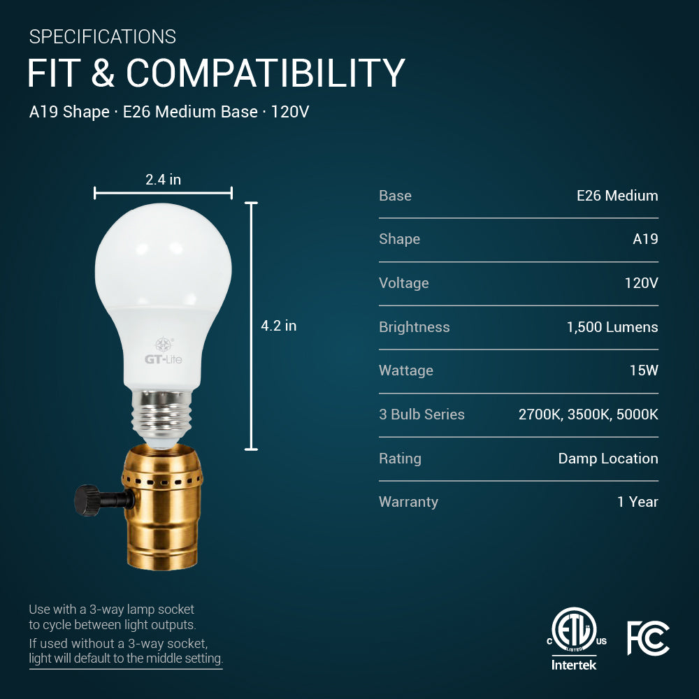 1500 Lumen LED A19 3-Way Bulb, 30/70/100-Watt Equivalent E26