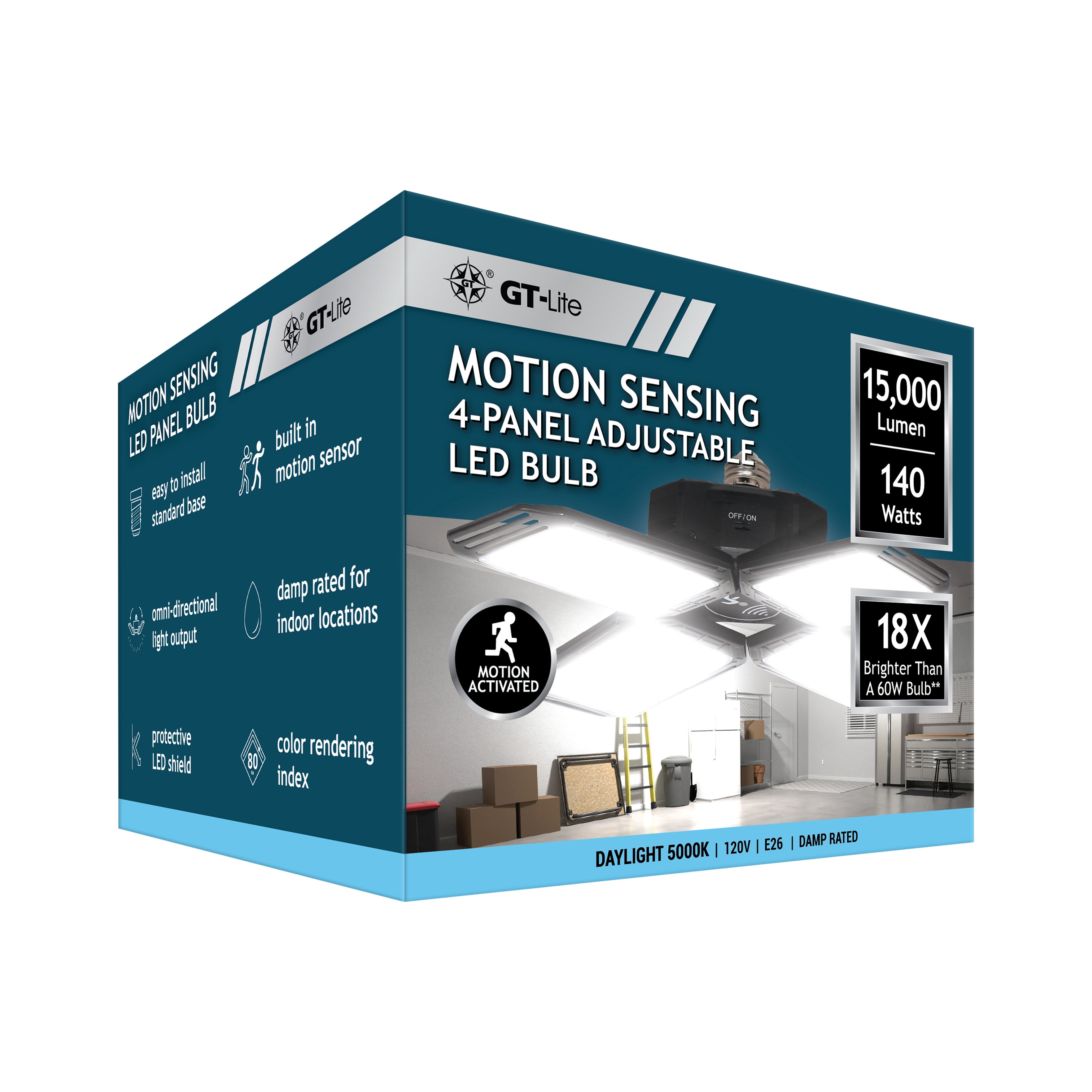 LED Motion Sensing Garage Light 140-Watt 15,000 Lumen, Adjustable 4-Panel LED Light, 5000K Daylight, E26