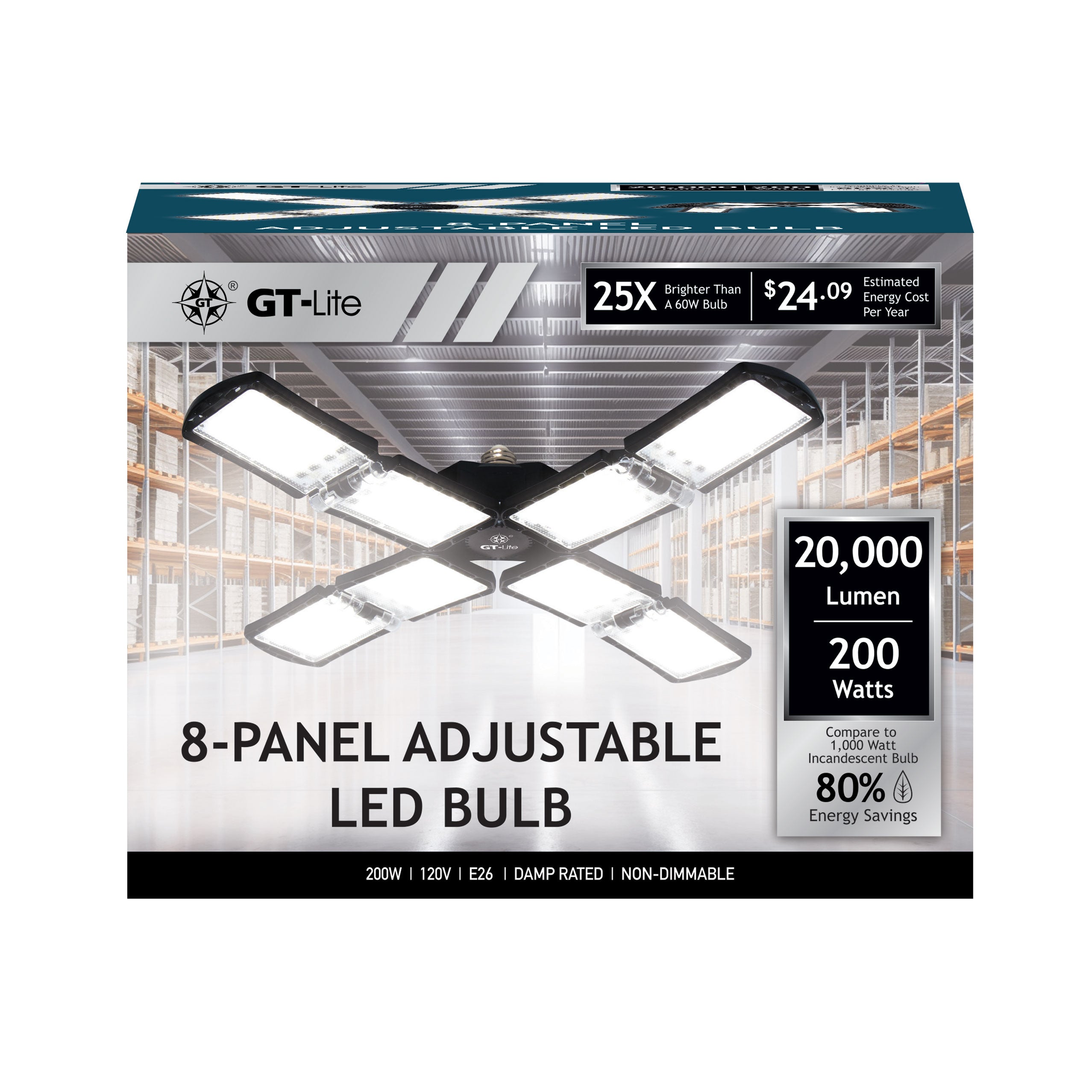 200-Watt 20,000 Lumen LED Adjustable 8-Panel Garage Light, 1000-Watt Equivalent, 5000K Daylight, E26