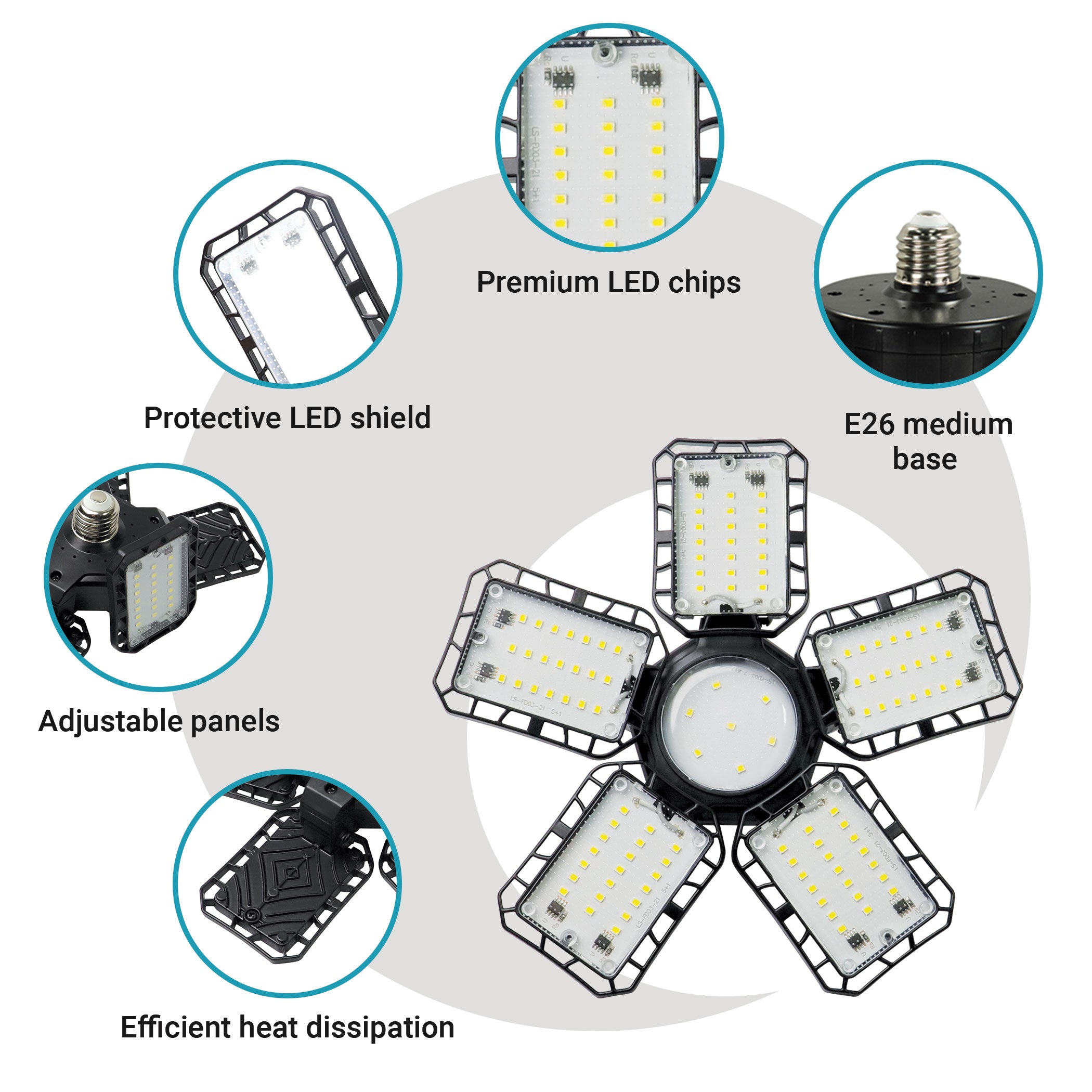 LED Garage Light 82-Watt 8000 Lumen, Adjustable 5-Panel Bulb, 450-Watt Equivalent, 6500K CCT, E26