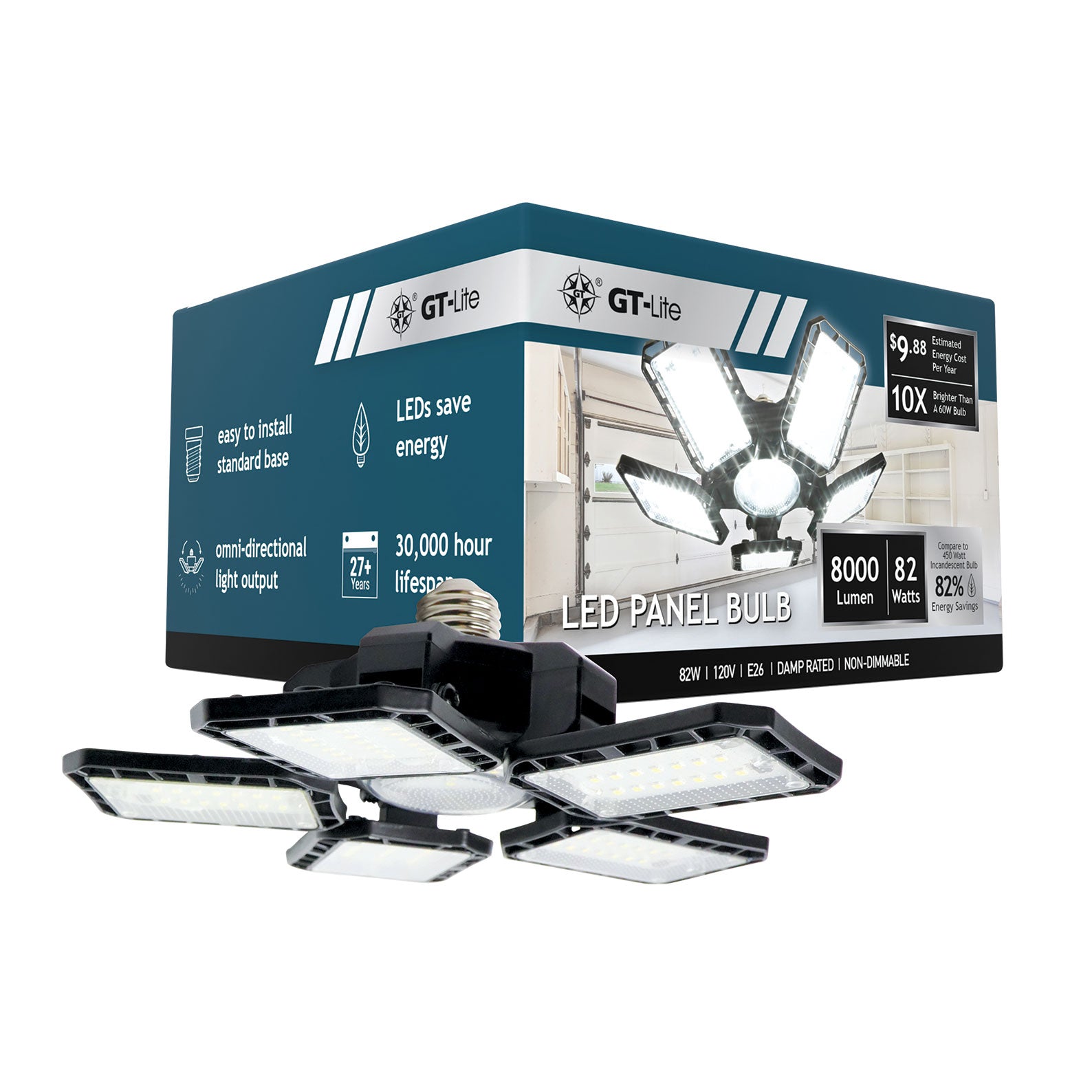 LED Garage Light 82-Watt 8000 Lumen, Adjustable 5-Panel Bulb, 450-Watt Equivalent, 6500K CCT, E26