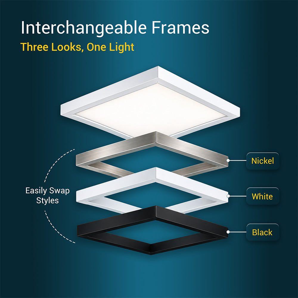 7.5" x 7.5" Square Flat Panel 1000 Lumen LED Light 5CCT White, Black and Nickel Trim Set, 6-Pack