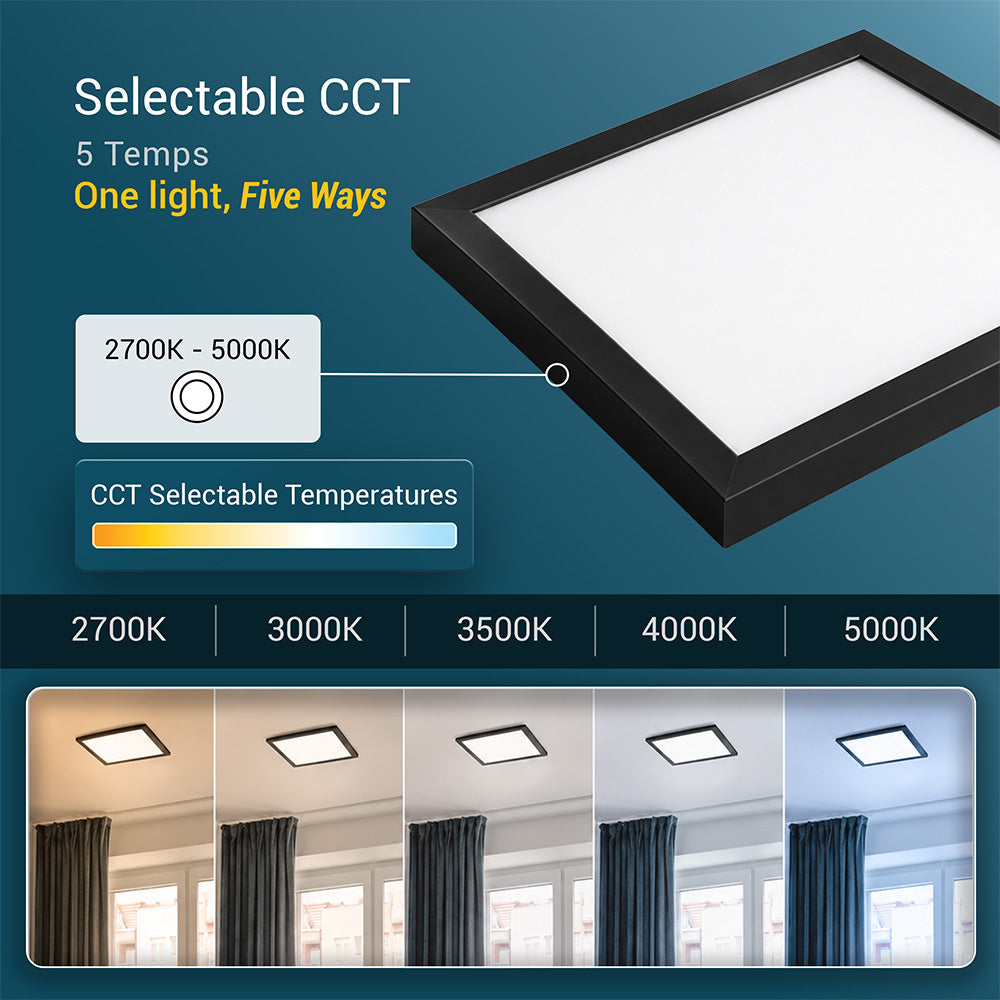 7.5" x 7.5" Square Flat Panel 1000 Lumen LED Light 5CCT White, Black and Nickel Trim Set, 6-Pack