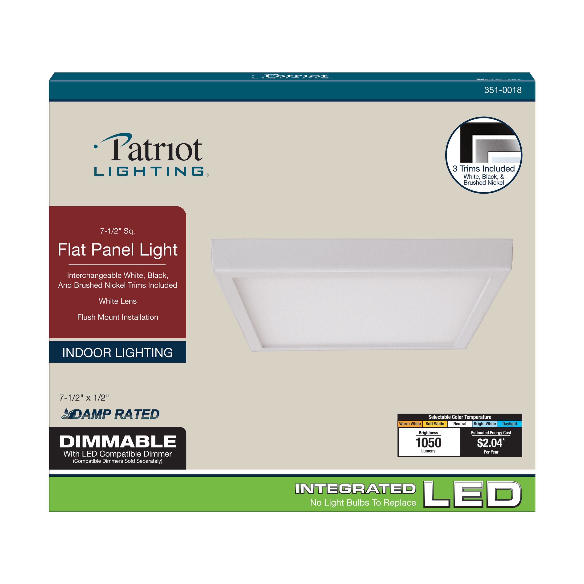 7.5" x 7.5" Square Flat Panel 1000 Lumen LED Light 5CCT White/Black/Nickel, 6-Pack