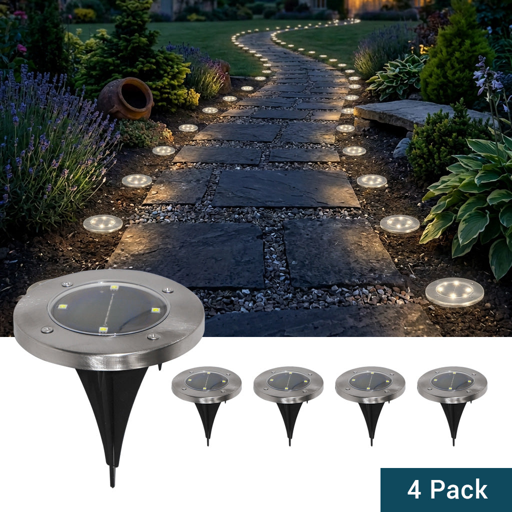 Solar-Powered LED Ground Light, Stainless Steel, 4-Pack