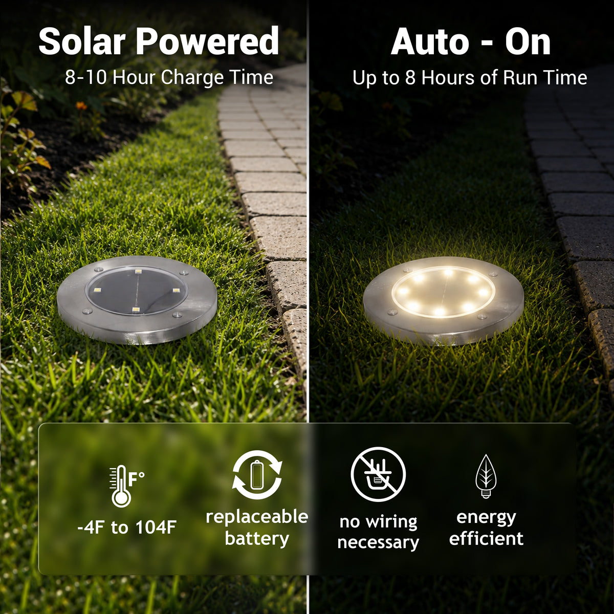 Solar-Powered LED Ground Light, Stainless Steel, 4-Pack