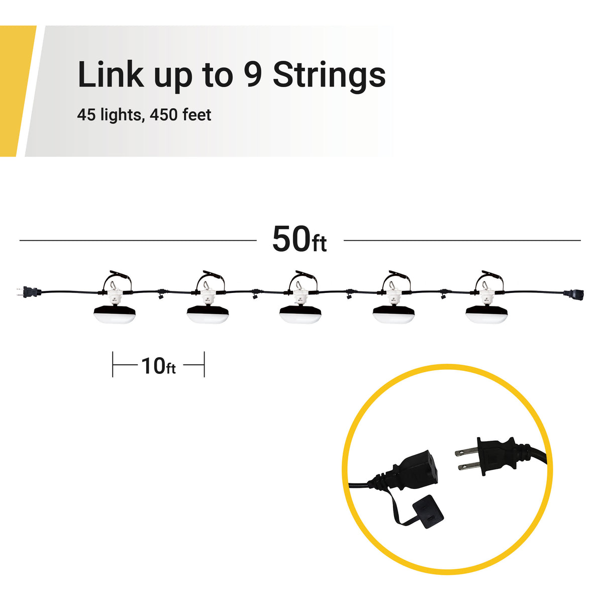 Linkable 50ft LED Construction String, String Work Light 7500 Lumen 5 ...